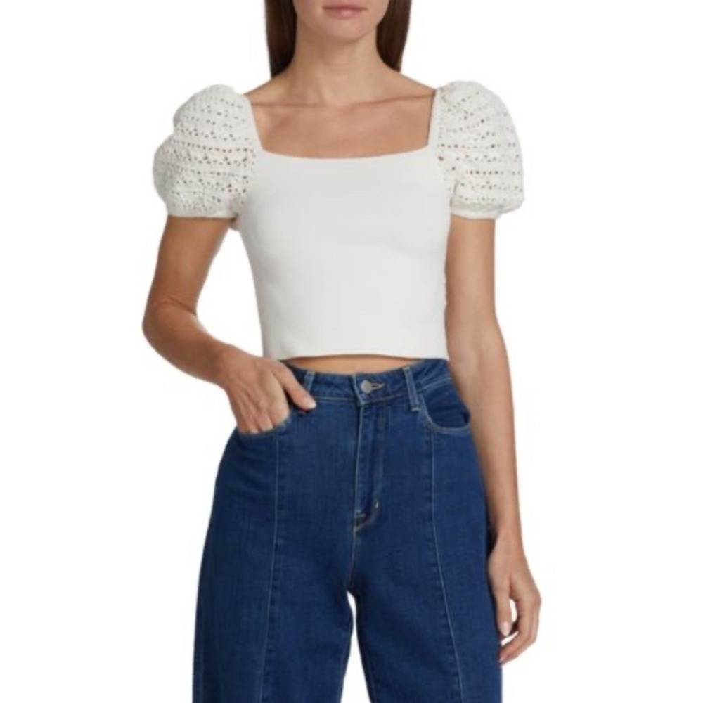 Alice + Olivia Women's White Crochet Puff Sleeve Square Neck Crop Top XL $440 - Picture 1 of 12